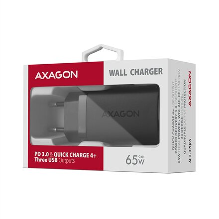 AXAGON GaN wallcharger 3x port (USB-A + 2x USB-C), 65W , ACU-DPQ65