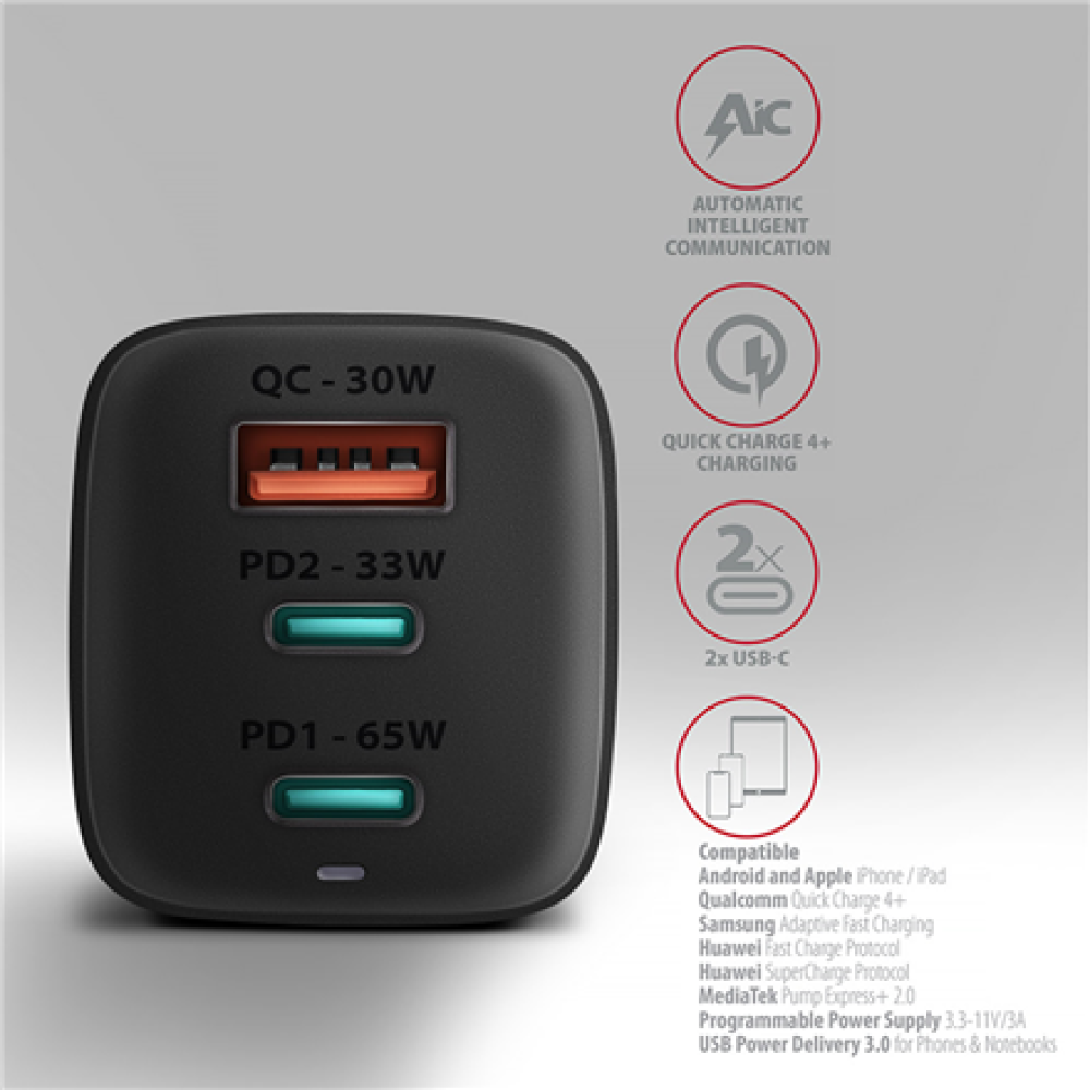 AXAGON GaN wallcharger 3x port (USB-A + 2x USB-C), 65W , ACU-DPQ65