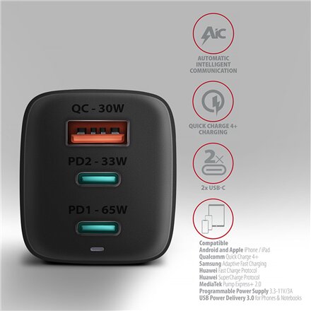 AXAGON GaN wallcharger 3x port (USB-A + 2x USB-C), 65W , ACU-DPQ65