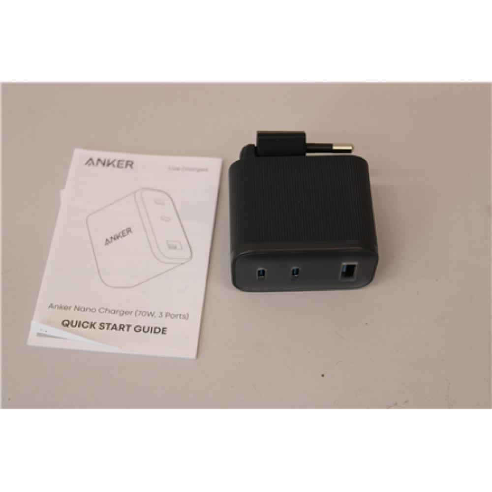 SALE OUT. Anker Nano Charger 70W, 3 ports, Black , Anker Nano Charger 70W, 3 ports, Black , 2 x 24 pin USB-C, 4 pin USB Type A , UNPACKED, MISSING INNER PACKAGING