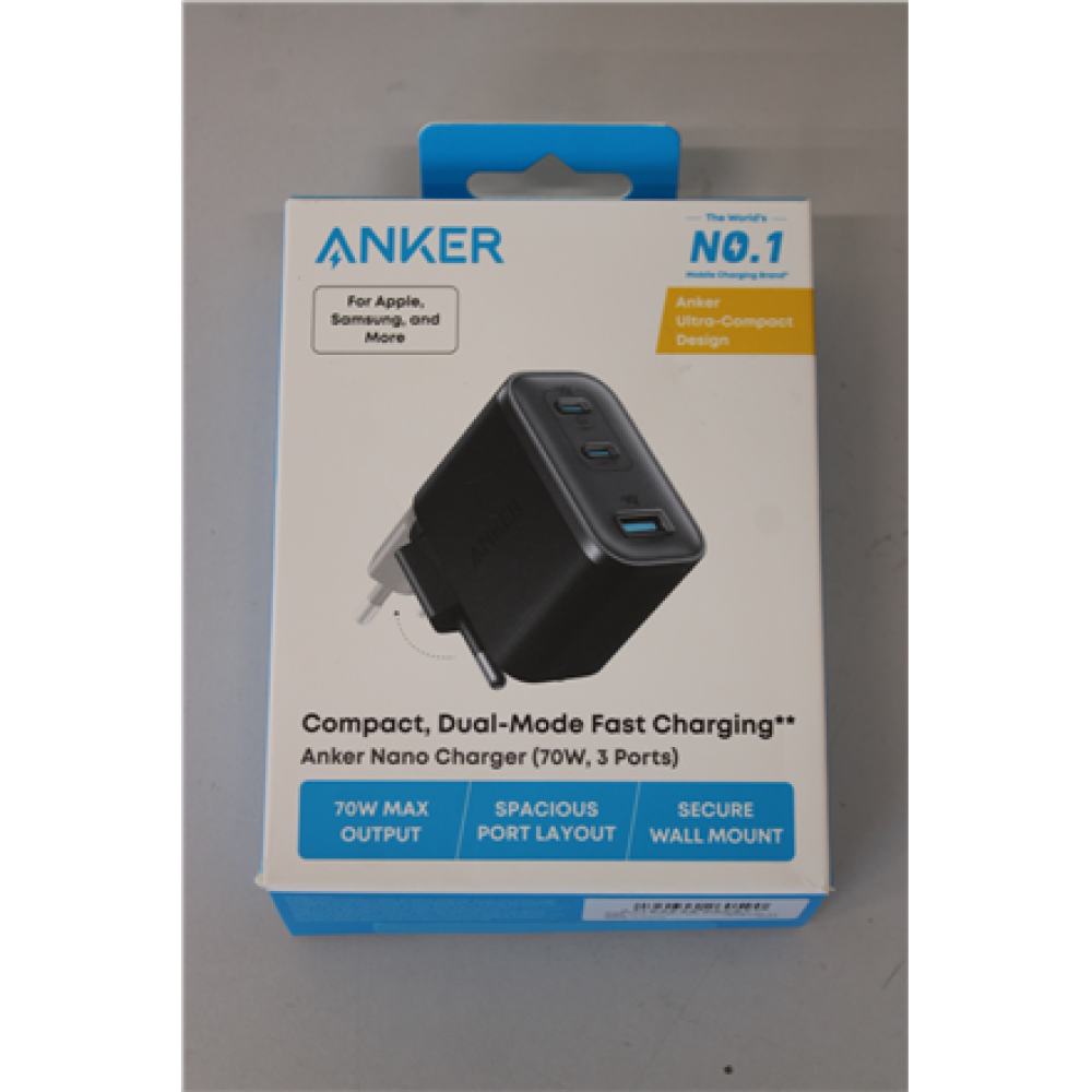 SALE OUT. Anker Nano Charger 70W, 3 ports, Black , Anker Nano Charger 70W, 3 ports, Black , 2 x 24 pin USB-C, 4 pin USB Type A , UNPACKED, MISSING INNER PACKAGING