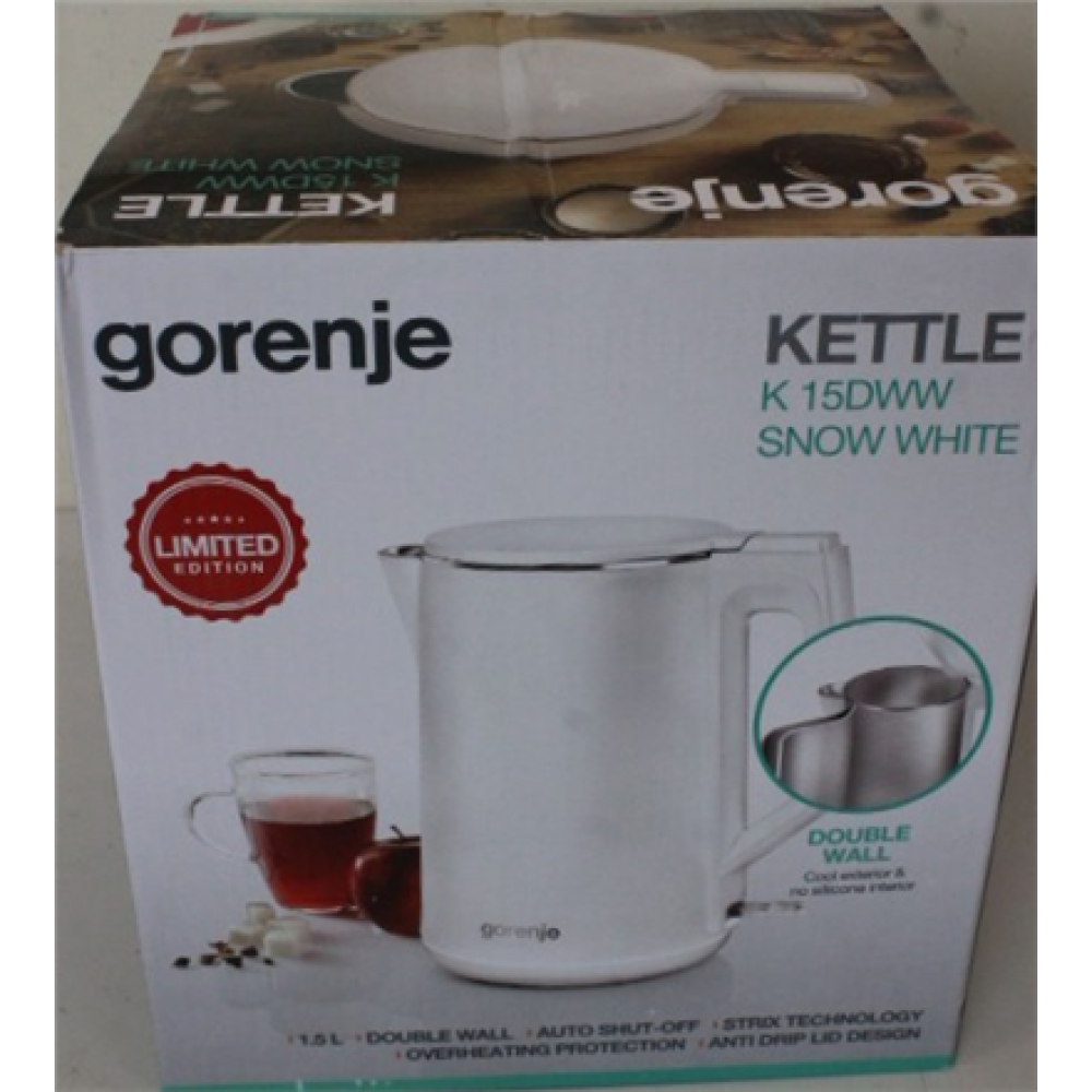 SALE OUT. GoGorenje K15DWW Kettle, Electric, Capacity 1.5 L, Power 2200 W, Plastic, White , Kettle , K15DWW , Electric , 2200 W , 1.5 L , Plastic + metal , 360° rotational base , White , DAMAGED PACKAGING , Gorenje Kettle , K15DWW , Electric , 2200 W , 1.