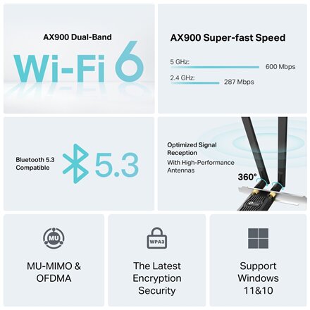 TP-LINK AX900 Wi-Fi 6 Bluetooth PCIe Adapter , Archer TX10E , 802.11ax , MU-MiMO Yes , no PoE , Antenna type Two High Gain Dual-Band Antennas