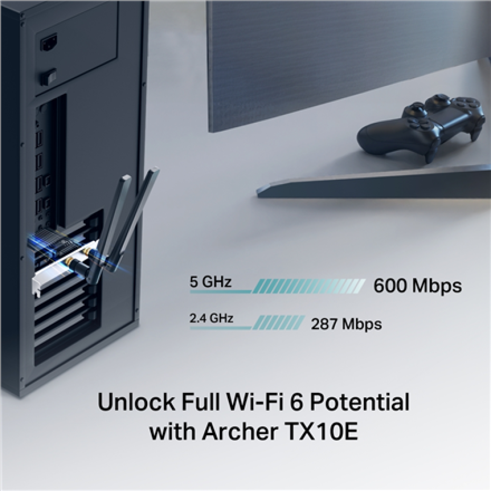TP-LINK AX900 Wi-Fi 6 Bluetooth PCIe Adapter , Archer TX10E , 802.11ax , MU-MiMO Yes , no PoE , Antenna type Two High Gain Dual-Band Antennas