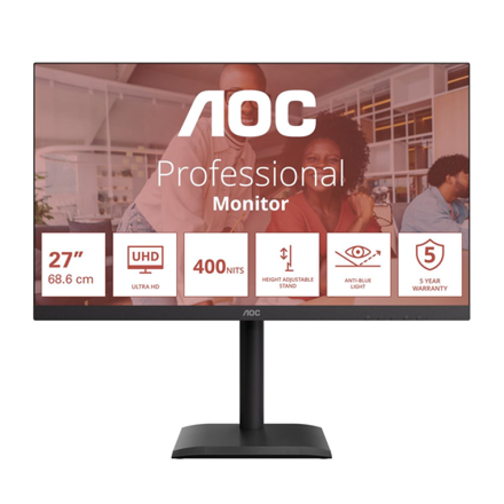 AOC U27E4CV , 27 , IPS , UHD , 16:9 , 60 Hz , 4 ms , 3840 x 2160 pixels , 400 cd/m² , HDMI ports quantity 2 , Black