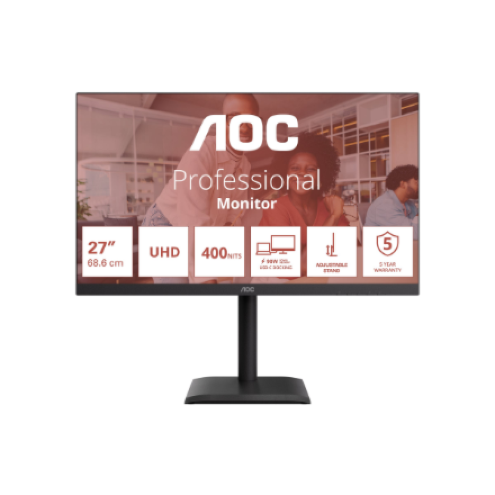 AOC , U27E4CV , 27 , IPS , UHD , 16:9 , 60 Hz , 4 ms , 3840 x 2160 pixels , 400 cd/m² , HDMI ports quantity 2 , Black