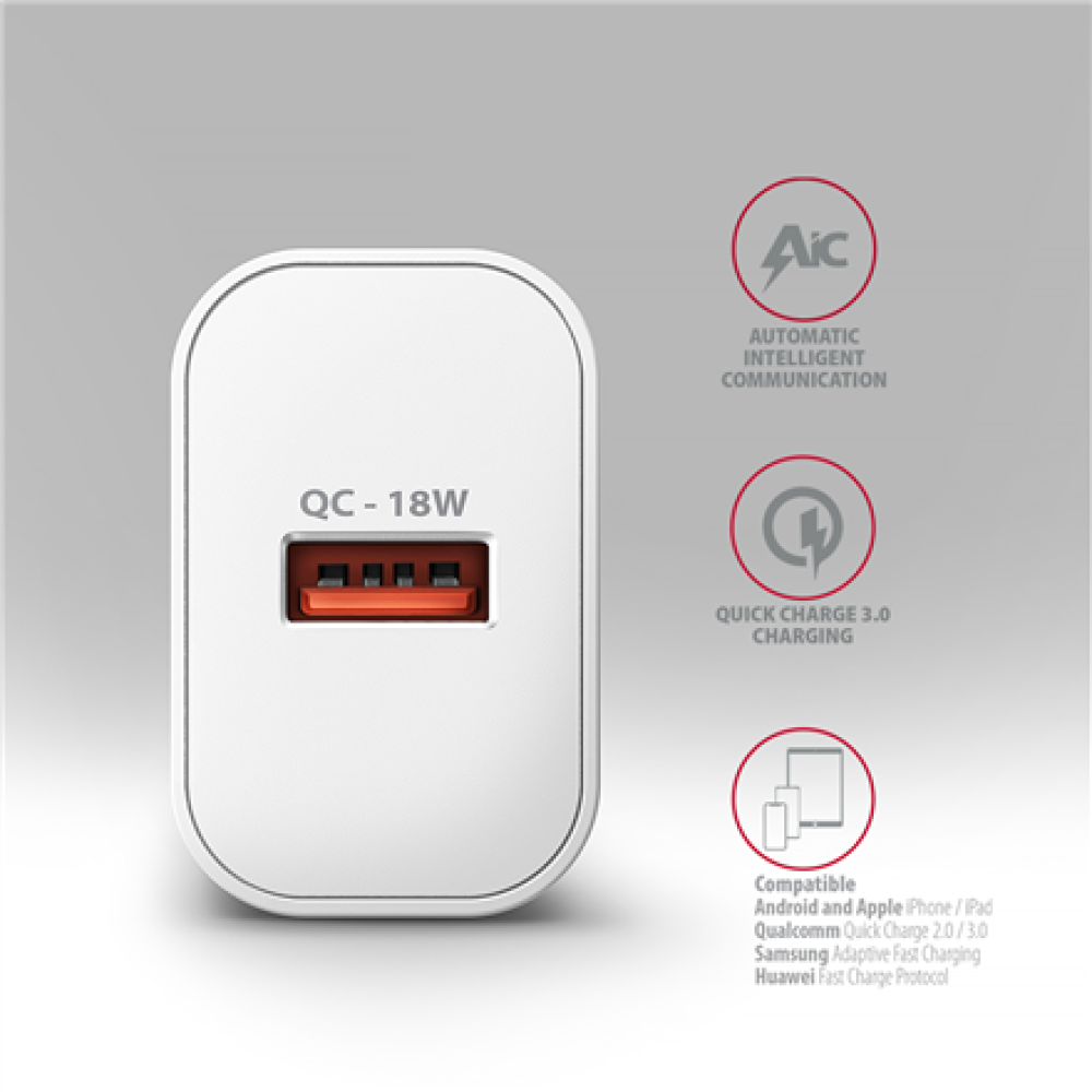 AXAGON Wallcharger 1x port USB-A, QC3.0/AFC/FCP/Apple, 18W , ACU-QC18W