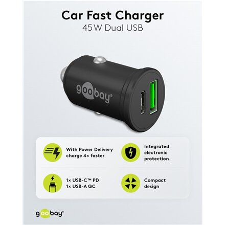 Goobay Dual-USB Car Fast Charger USB-C PD (Power Delivery), 45 W , 61739