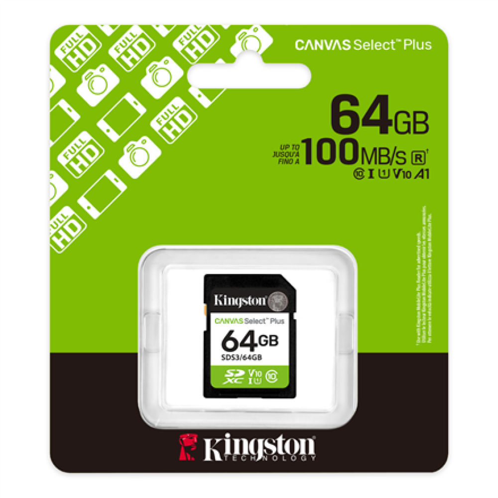 Kingston Select Plus , 64 GB , SD , Flash memory class Class 10, UHS-I, U1/U3, Video Class 10/30
