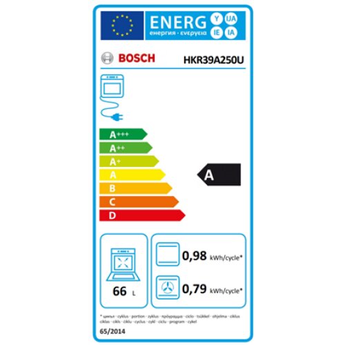 Bosch , Cooker , HKR39A250U , Hob type Vitroceramic , Oven type Electric , Stainless steel , Width 60 cm , Depth 60 cm , Electronic ignition , Grilling , LED , Energy efficiency class A , 66 L