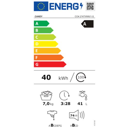 Candy , Washing Machine , CO4 274TWM6/1-S , Energy efficiency class A , Front loading , Washing capacity 7 kg , 1200 RPM , Depth 45 cm , Width 60 cm , Display , LCD , Wi-Fi , White