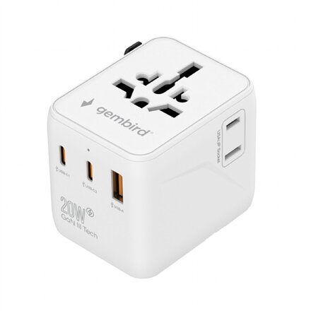 Gembird Universal travel power adapter , TPA-1A2C20-01-W , Travel Adapter , 20 W
