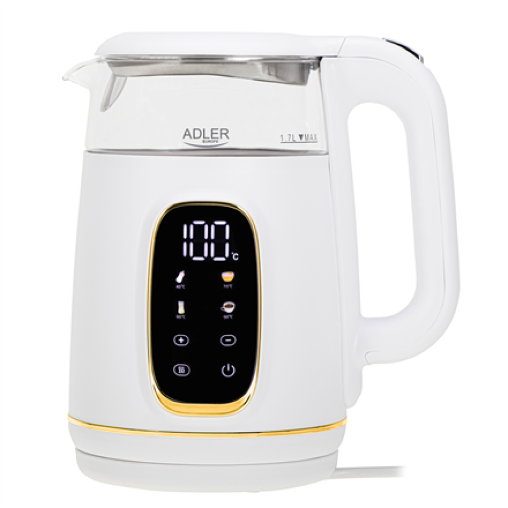 Adler Kettle with LED Display , AD 1305 , Electric , 2200 W , 1.7 L , Plastic , 360° rotational base , White/Gold