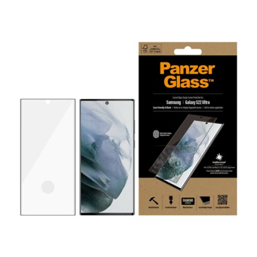 PanzerGlass , Samsung , Galaxy S22 Ultra , Tempered glass , Black , Case friendly. Compatible with ultrasonic fingerprint sensor. 100 % touch sensitivity. Antibacterial (ISO 22196 certified & JIS 22810 approved) , Screen Protector