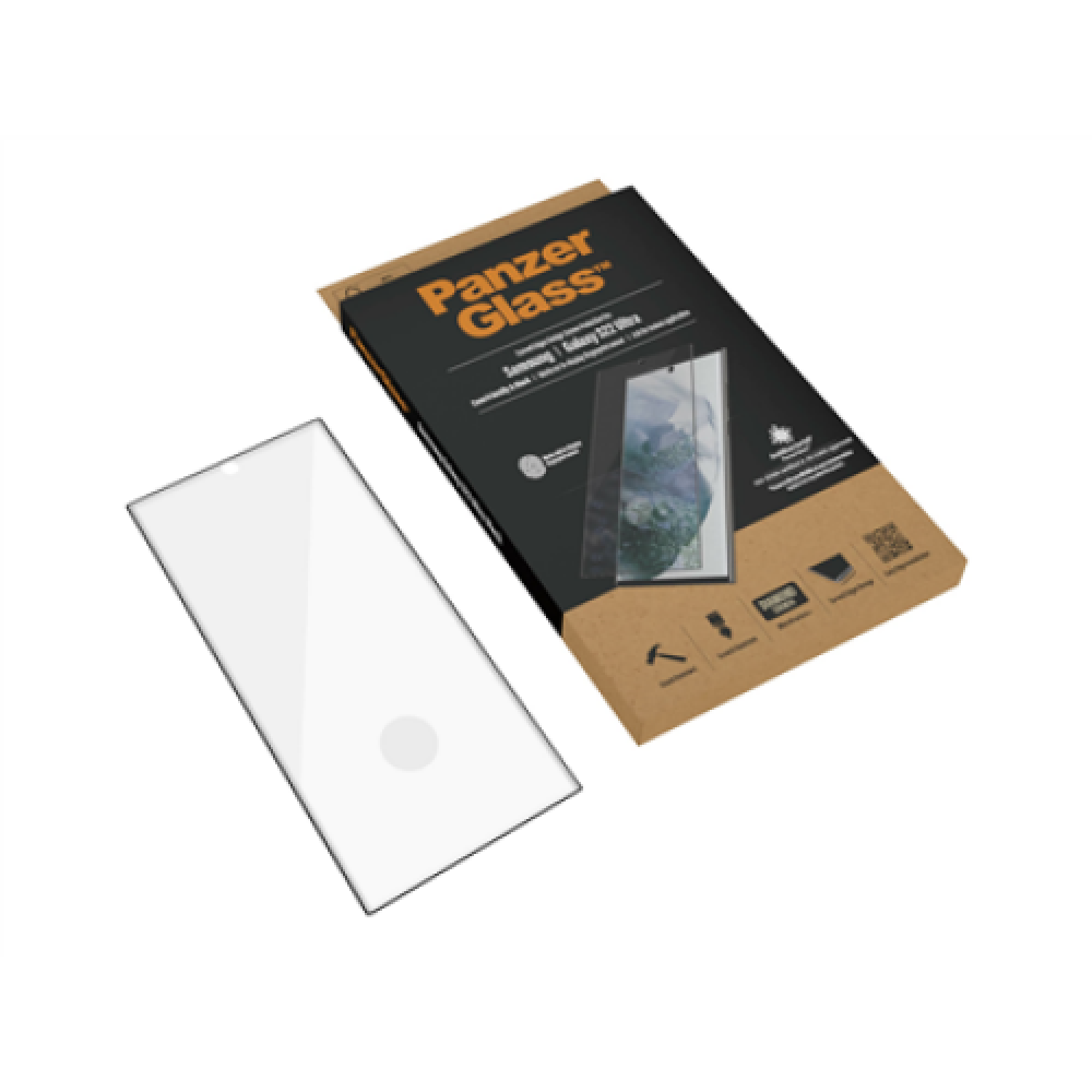 PanzerGlass , Samsung , Galaxy S22 Ultra , Tempered glass , Black , Case friendly. Compatible with ultrasonic fingerprint sensor. 100 % touch sensitivity. Antibacterial (ISO 22196 certified & JIS 22810 approved) , Screen Protector