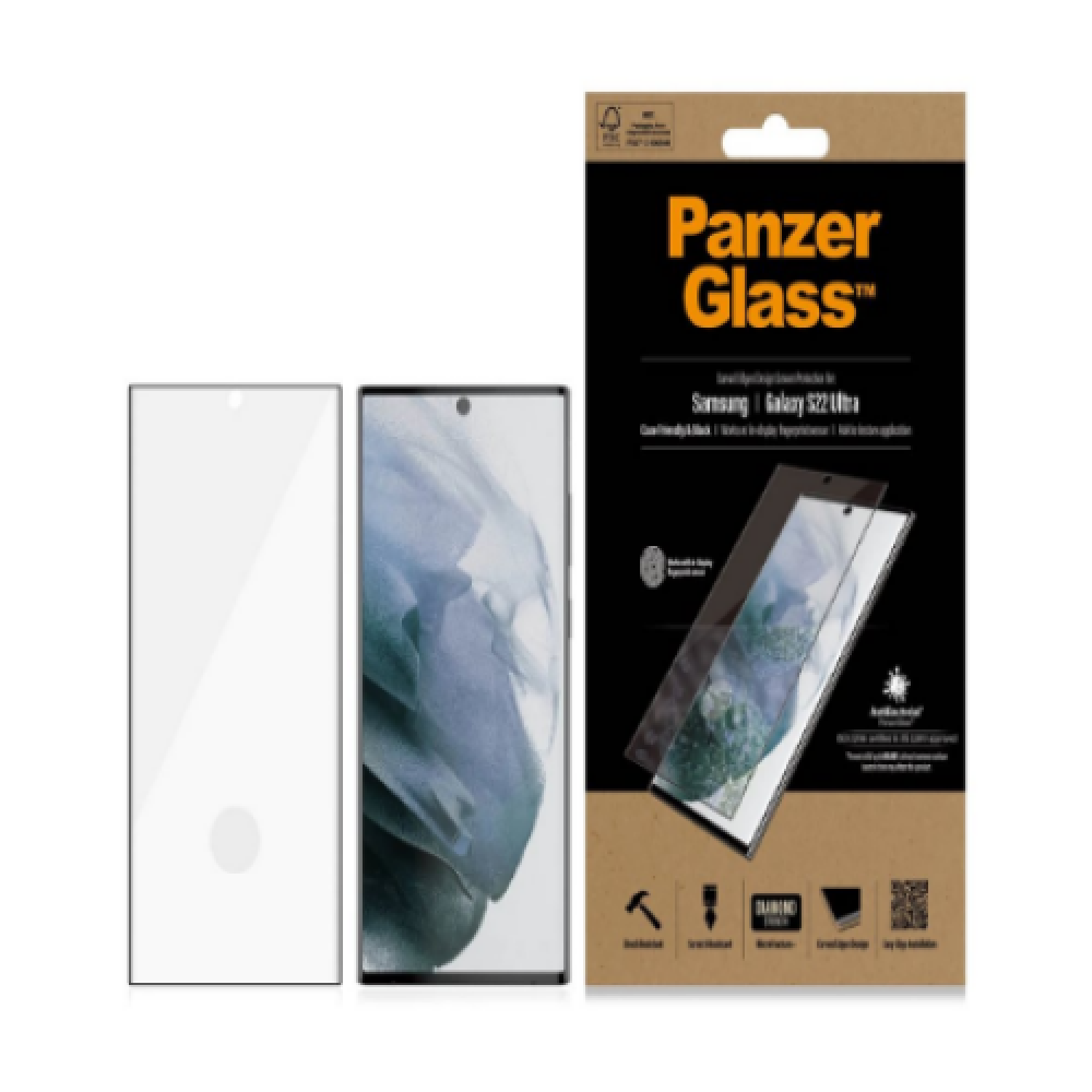 PanzerGlass , Samsung , Galaxy S22 Ultra , Tempered glass , Black , Case friendly. Compatible with ultrasonic fingerprint sensor. 100 % touch sensitivity. Antibacterial (ISO 22196 certified & JIS 22810 approved) , Screen Protector