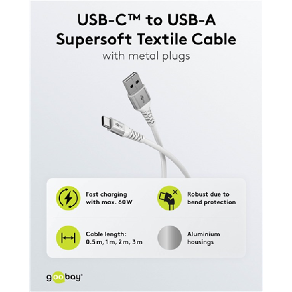 Goobay USB-C to USB-A Supersoft Textile Cable with Metal Plugs, 1 m, white