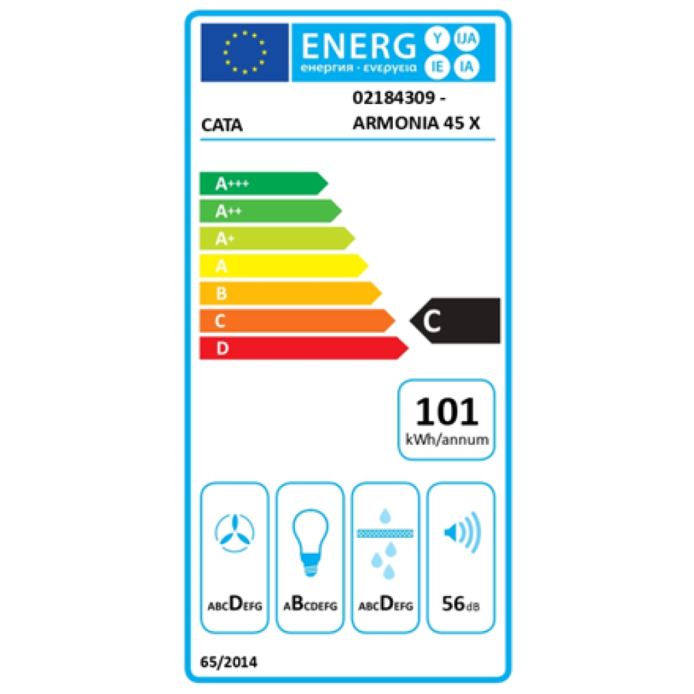 CATA Hood , ARMONIA 45 X , Canopy , Energy efficiency class C , Width 44.8 cm , 645 m³/h , Mechanical , LED , Inox