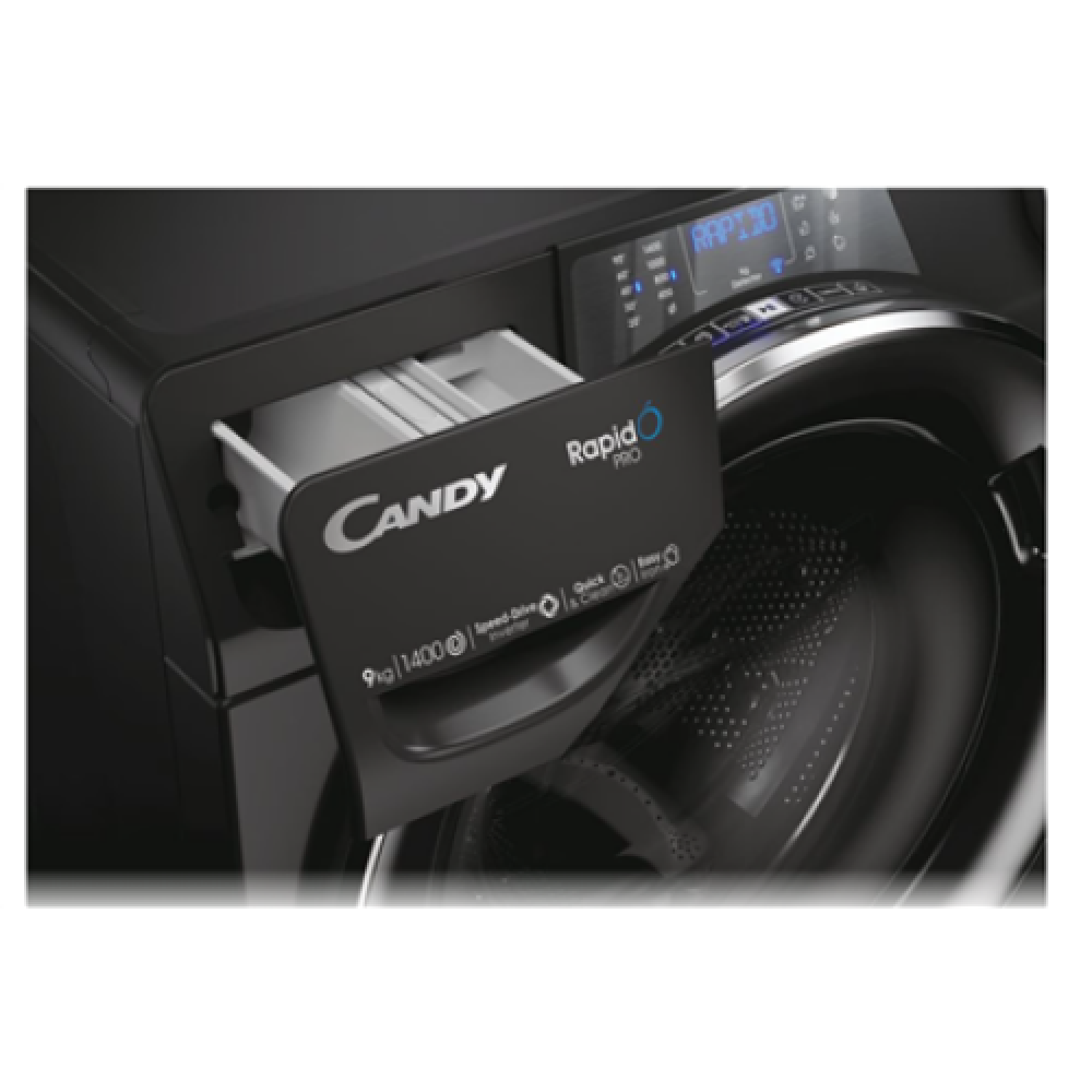 Candy , Washing Machine , RP 496BWMBCB/1-S , Energy efficiency class A , Front loading , Washing capacity 9 kg , 1400 RPM , Depth 53 cm , Width 60 cm , Display , TFT , Steam function , Wi-Fi , Glossy Black