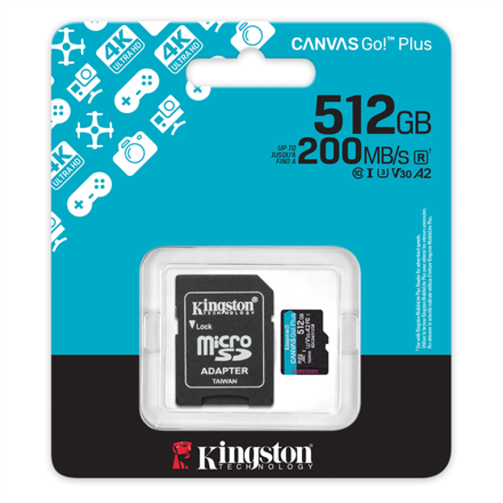 Kingston , Canvas Go! Plus , 512 GB , microSD , Flash memory class Class 10, UHS-I, U3, V30, A2