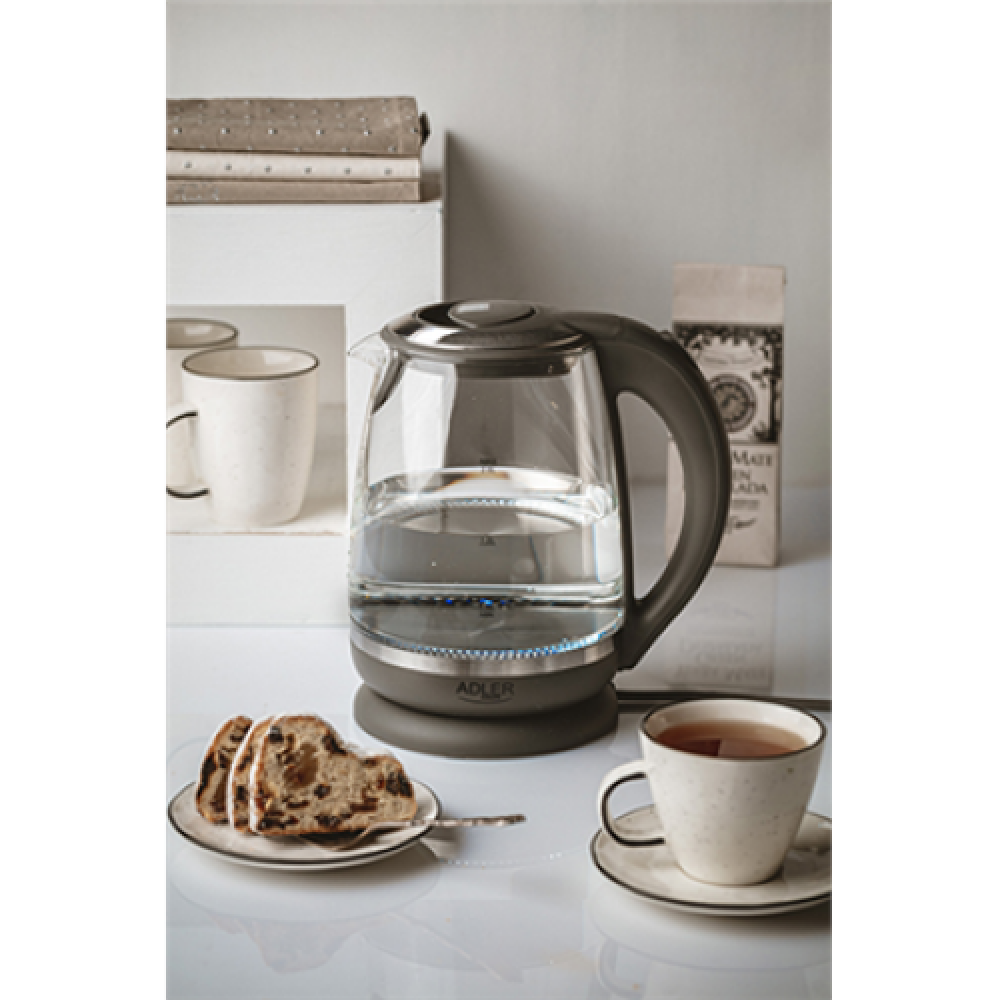 Adler , Kettle , AD 1286 , Standard , 2200 W , 2 L , Plastic/Glass , 360° rotational base , Grey/ transparent