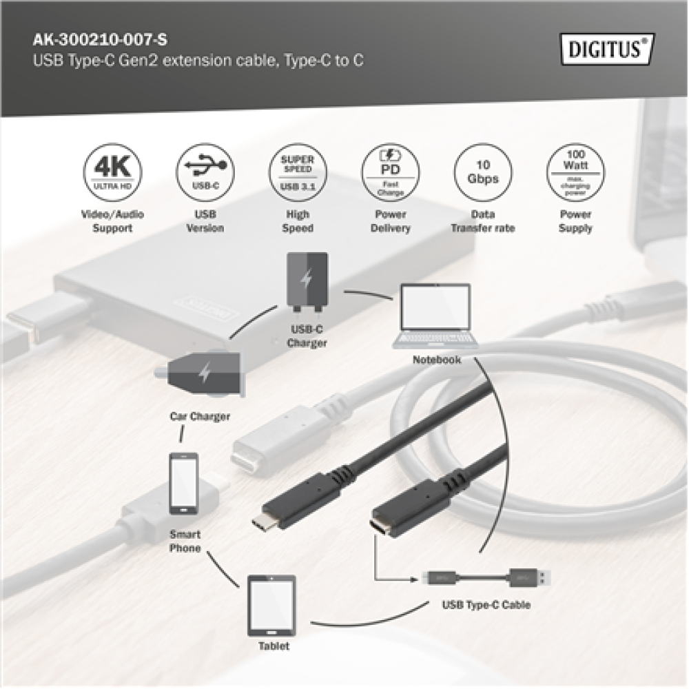 Digitus USB Type-C Gen2 extension cable, Type-C to C , AK-300210-007-S