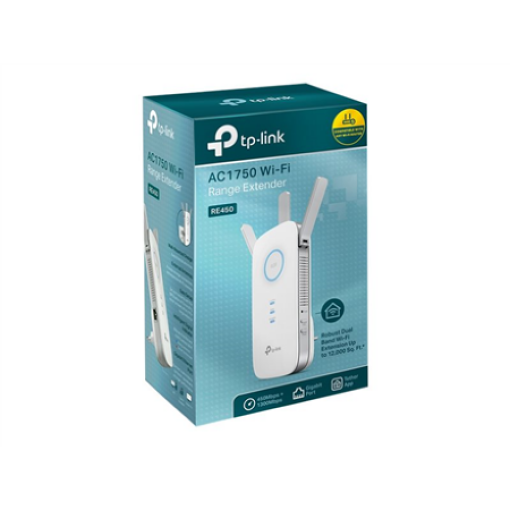 TP-LINK , Extender , RE450 , 802.11ac , 2.4GHz/5GHz , 450+1300 Mbit/s , 10/100/1000 Mbit/s , Ethernet LAN (RJ-45) ports 1 , MU-MiMO No , no PoE , Antenna type 3xExternal