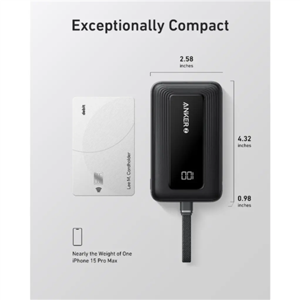 Anker Power Bank with Built-In USB-C Cable , A1688H11 , 10000 mAh , Black