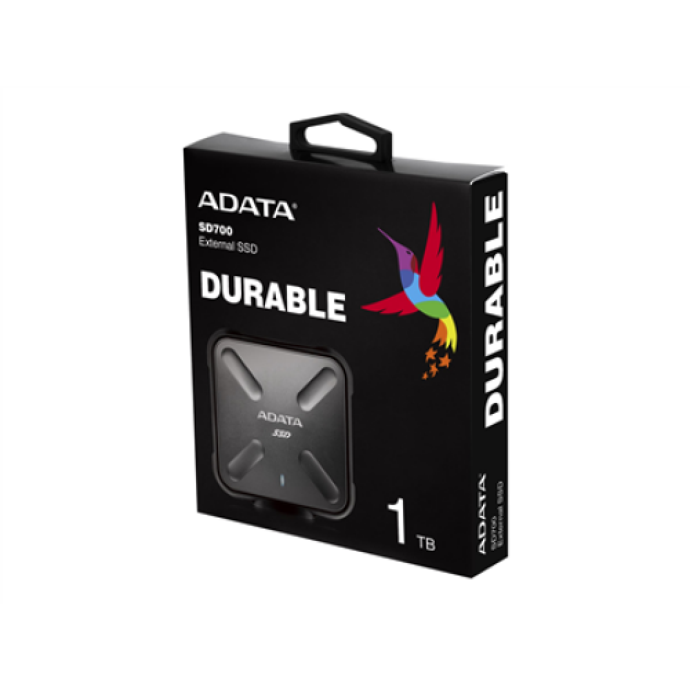 ADATA , External SSD , SD700 , 1000 GB , USB 3.1 , Black , Quality 3D NAND Flash. IP68 dust/water proof plus military-grade shockproof.