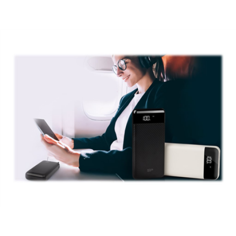 Silicon Power Powerbank GP28 Li-Polymer Carbon fiber texture provides a more secure grip, while the rounded shape is ergonomic; Battery indicator shows exact remaining percentage on a digitized LED display; Input High-Voltage Protection, Output High-Volta