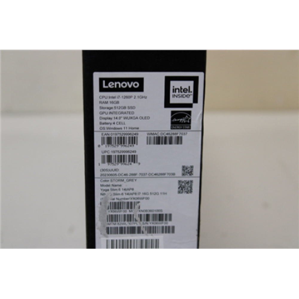 SALE OUT. Lenovo Yoga Slim 6 14IAP8 Storm Grey 14 OLED WUXGA Glossy Intel Core i5 i5-1240P 16 GB Soldered LPDDR5-4800 SSD 512 GB Intel Iris Xe Graphics Windows 11 Home 802.11ax Bluetooth version 5.1 Keyboard language English Keyboard backlit Warranty 24 m