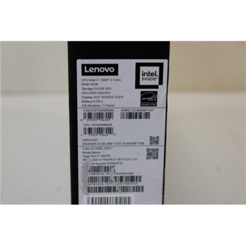 SALE OUT. Lenovo Yoga Slim 6 14IAP8 Storm Grey 14 OLED WUXGA Glossy Intel Core i5 i5-1240P 16 GB Soldered LPDDR5-4800 SSD 512 GB Intel Iris Xe Graphics Windows 11 Home 802.11ax Bluetooth version 5.1 Keyboard language English Keyboard backlit Warranty 24 m