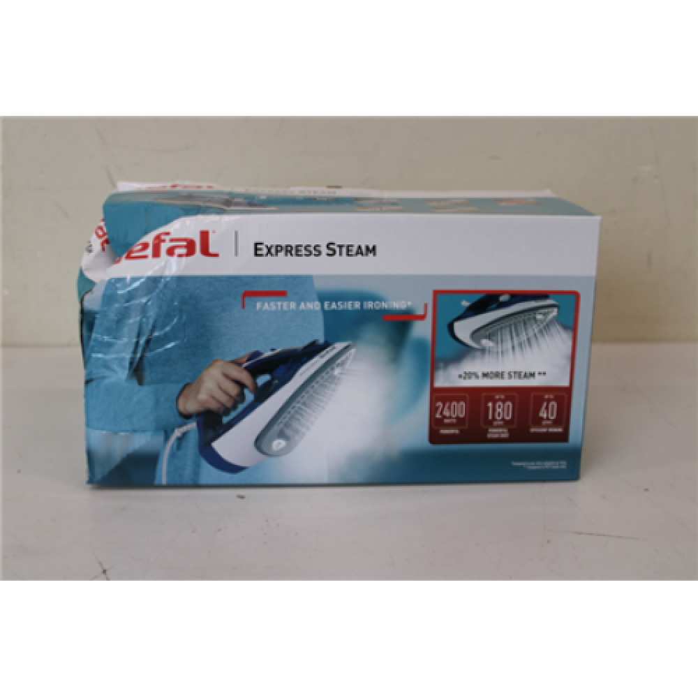SALE OUT. TEFAL FV2838E0 Steam Iron, Water Tank 0.27 L, Countinuous Steam 40 g/min, Blue/White , TEFAL FV2838E0 , Steam Iron , 2400 W , Water tank capacity 270 ml , Continuous steam 40 g/min , Blue/White , DAMAGED PACKAGING, BROKEN CORPUS ON SIDE
