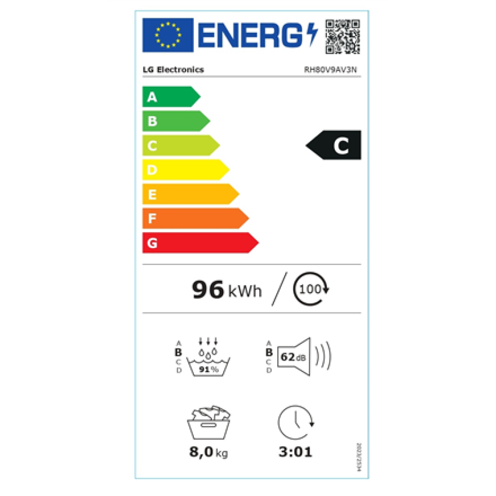 LG Dryer Machine , RH80V9AV3N , Energy efficiency class C , Front loading , 8 kg , LED , Depth 69 cm , Wi-Fi , White