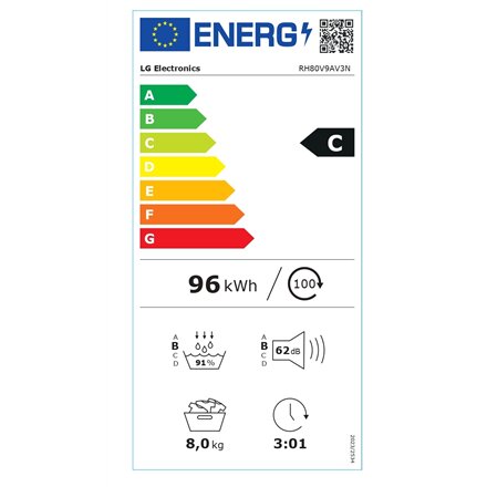 LG Dryer Machine , RH80V9AV3N , Energy efficiency class C , Front loading , 8 kg , LED , Depth 69 cm , Wi-Fi , White