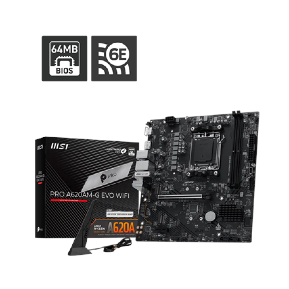 MSI PRO A620AM-G EVO WIFI , Processor family AMD , Processor socket AM5 , DDR5 , Number of SATA connectors 4 , Supported hard disk drive interfaces SATA, M.2