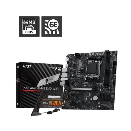 MSI PRO A620AM-G EVO WIFI , Processor family AMD , Processor socket AM5 , DDR5 , Number of SATA connectors 4 , Supported hard disk drive interfaces SATA, M.2