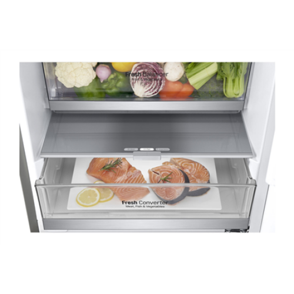 LG Refrigerator GBB71NSUGN Energy efficiency class D Free standing Combi Height 186 cm No Frost system Fridge net capacity 234 L Freezer net capacity 107 L Display 35 dB Stainless steel