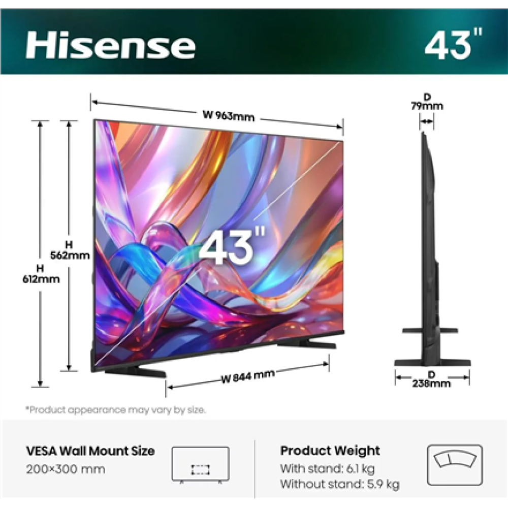 Hisense TV , 43E7S , 43 , Smart TV , VIDAA Smart OS , UHD , Black