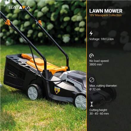 Batavia B.V. , Cordless Lawn Mower, 32 cm, Without battery and charger - 18V , Mowing Area 200 m²