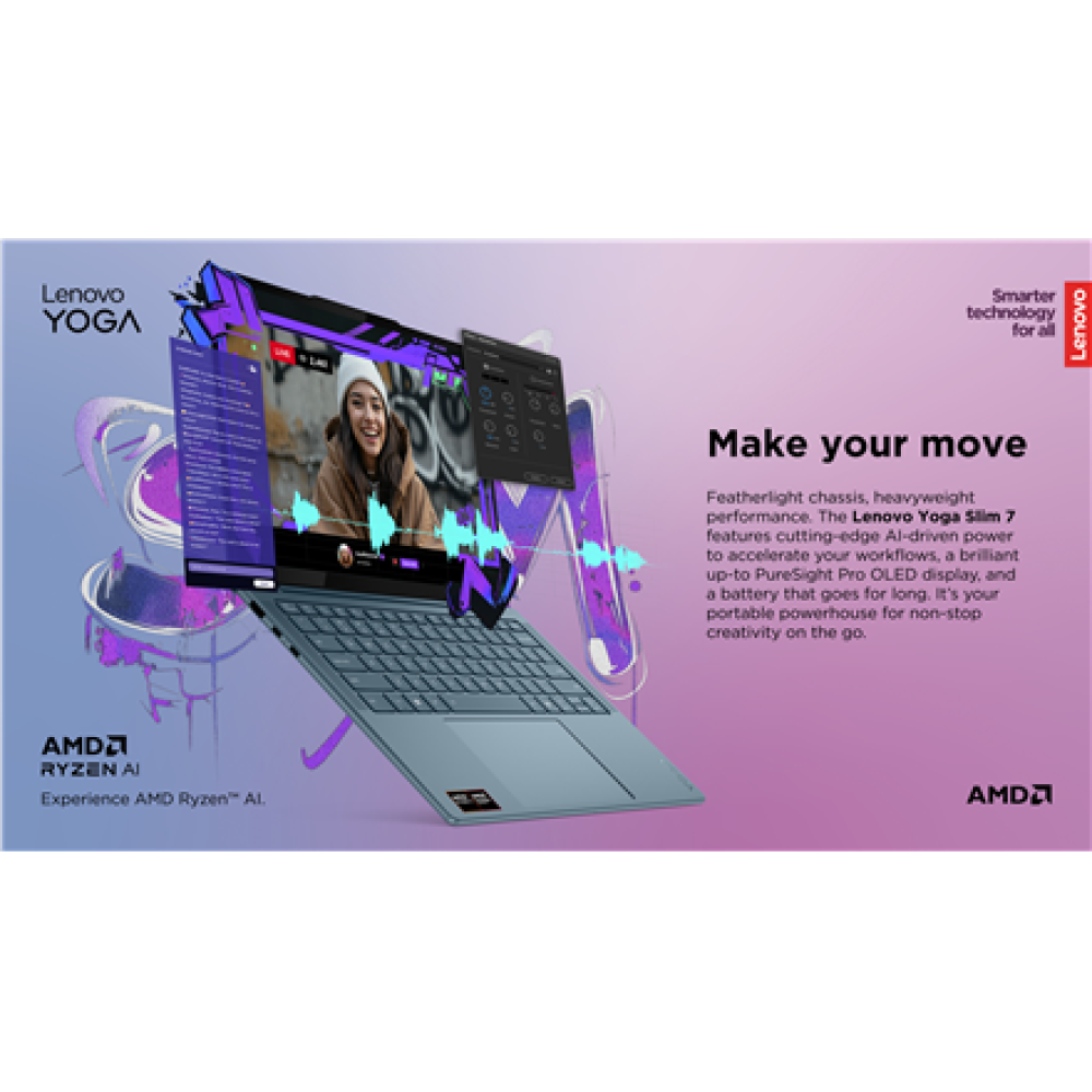 Lenovo Yoga Slim 7 14AKP10 , Tidal Teal , 14 , OLED , WUXGA , 1920 x 1200 pixels , Glossy , AMD Ryzen AI 5 , 340 , 16 GB , Soldered LPDDR5x , Solid-state drive capacity 512 GB , AMD Radeon 840M Graphics , Windows 11 Home , 802.11be , Bluetooth version 5.4