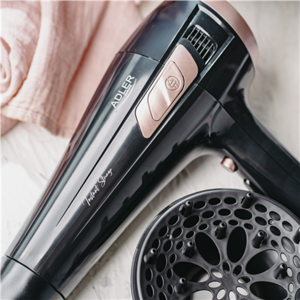Adler Hair dryer with retractable power cord , AD 2283 , 2400 W , Number of temperature settings 3 , Diffuser nozzle , Black/Golden Rose