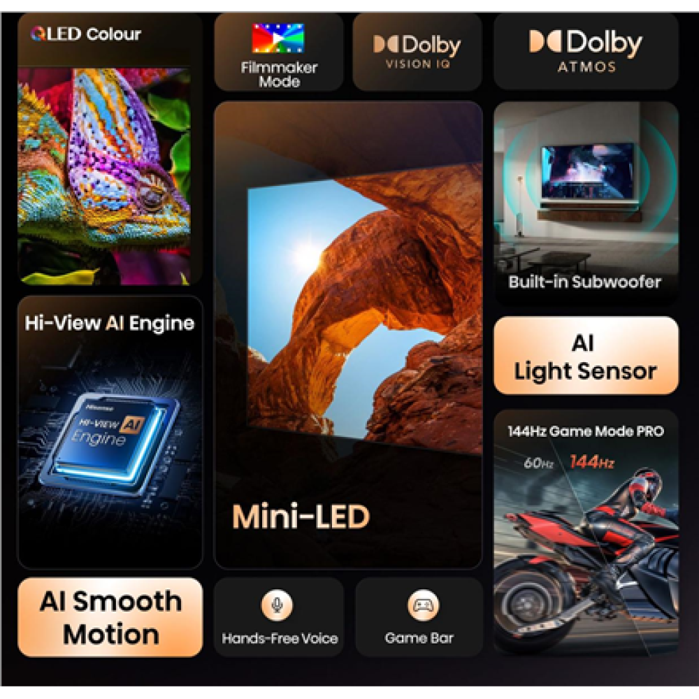 Hisense Mini LED TV , 65U7Q , 65 , Smart TV , VIDAA Smart OS , UHD , Black