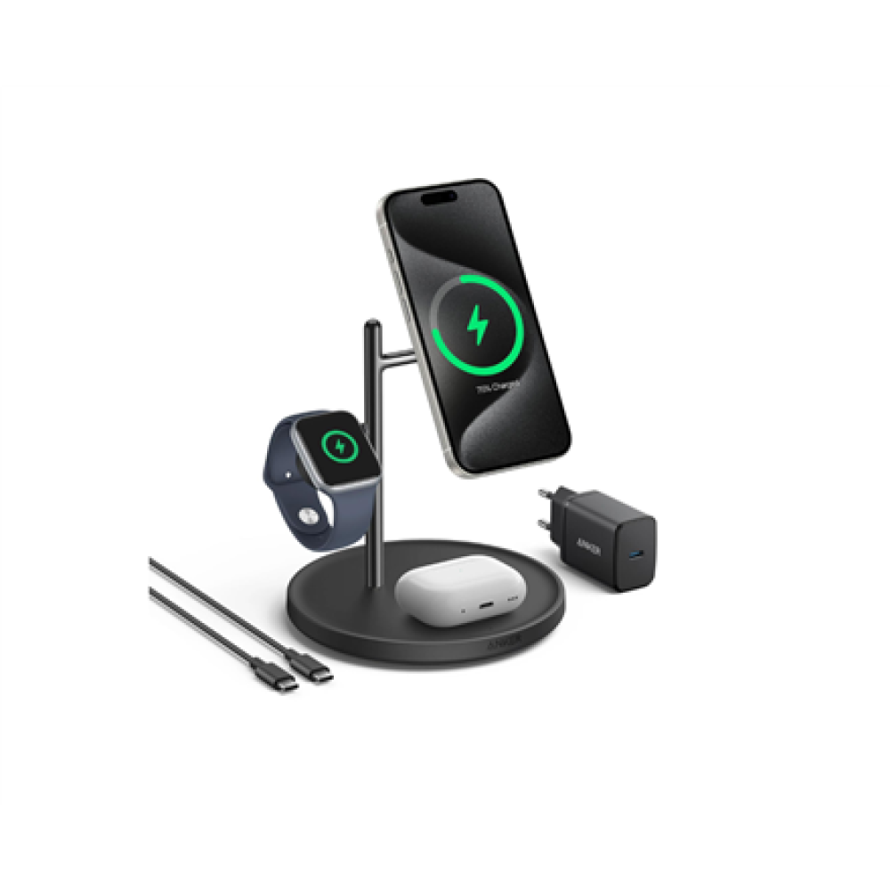 Anker MagGo Wireless Charging Station (15W, 3-in-1 Stand) with cable and charger bundle , B25M3312