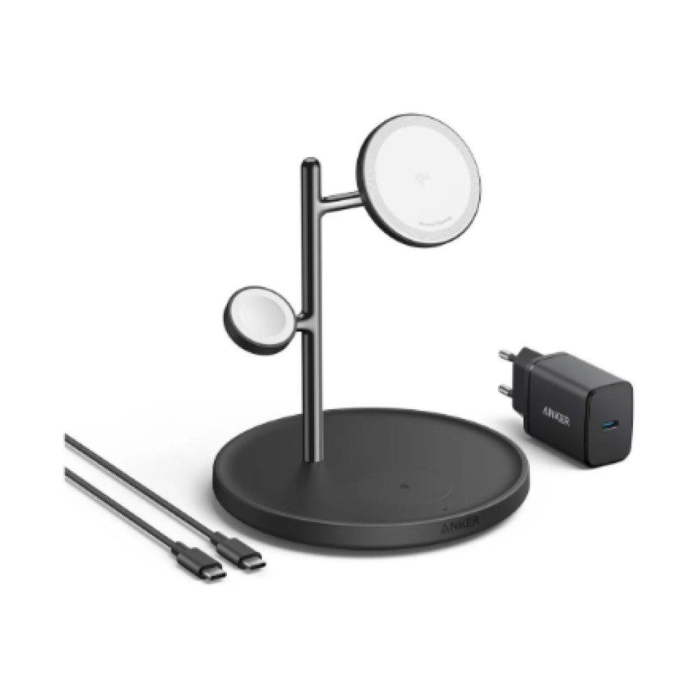 Anker MagGo Wireless Charging Station (15W, 3-in-1 Stand) with cable and charger bundle , B25M3312