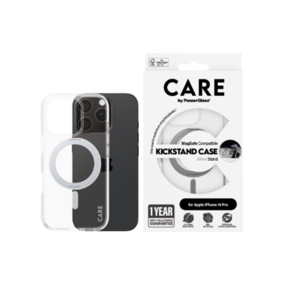 CARE Feature Case , Back cover , Apple , iPhone 16 PRO , Recycled plastic , Silver , Kickstand & MagSafe
