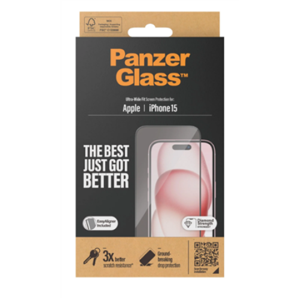 PanzerGlass , Screen protector , Apple , iPhone 15 , Glass , Clear , Easy installation; Fingerprint resistant; Anti-yellowing , Ultra-Wide Fit