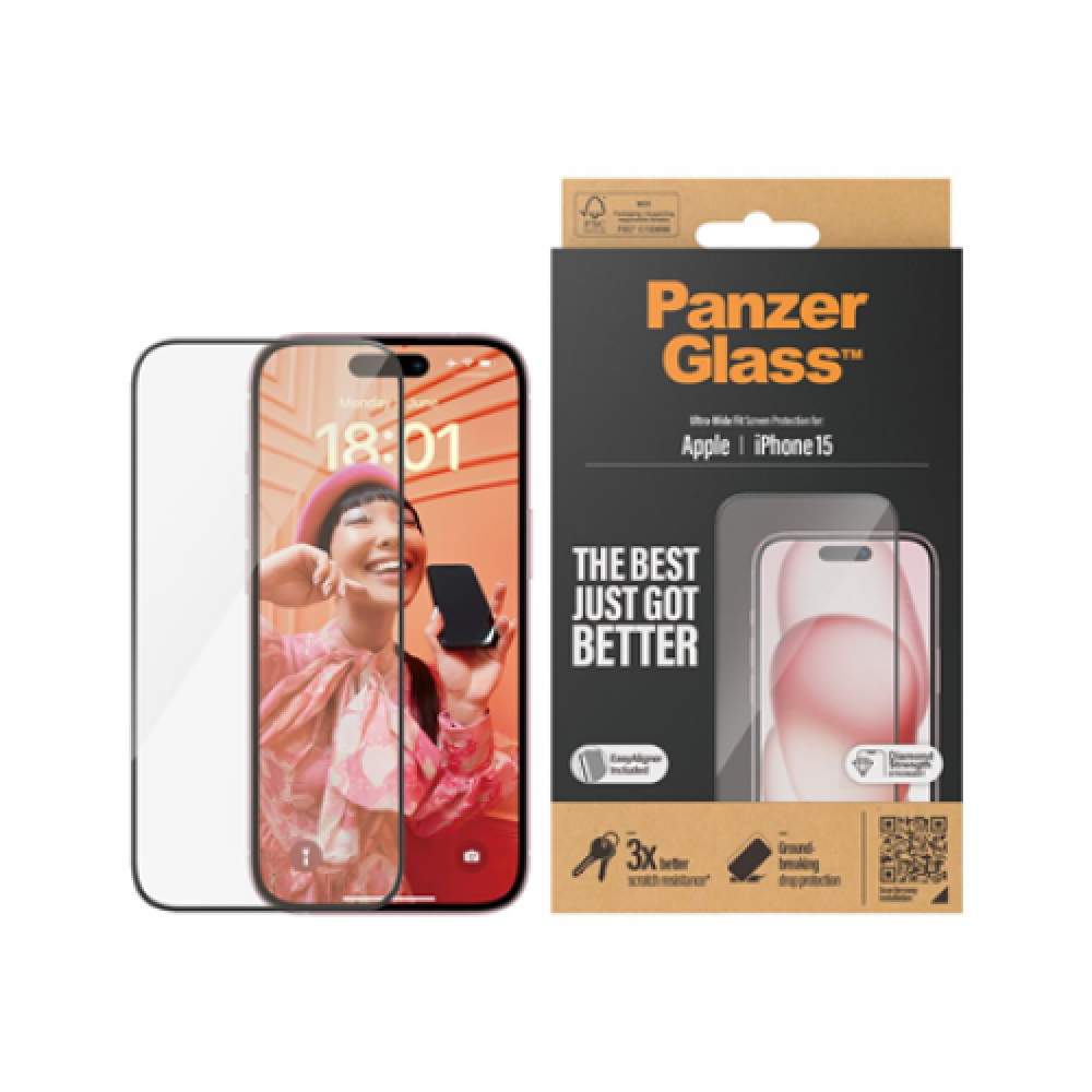 PanzerGlass , Screen protector , Apple , iPhone 15 , Glass , Clear , Easy installation; Fingerprint resistant; Anti-yellowing , Ultra-Wide Fit