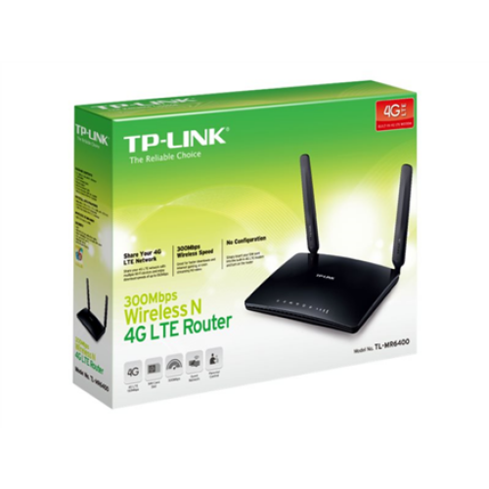 4G LTE Router , TL-MR6400 , 802.11n , 300 Mbit/s , 10/100 Mbit/s , Ethernet LAN (RJ-45) ports 3 , Mesh Support No , MU-MiMO No , 4G , Antenna type 2xExternal , No USB