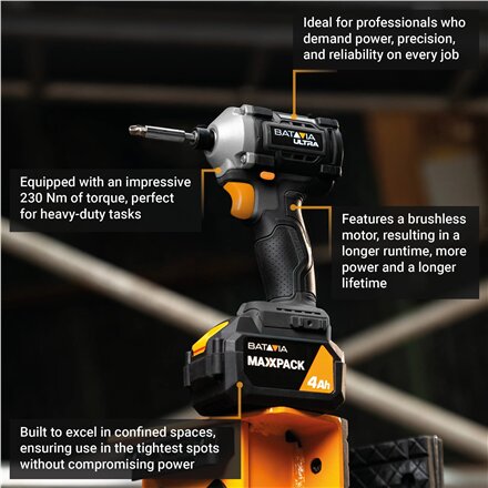 Batavia B.V. , Cordless Brushless Impact Driver 230 Nm, Without battery and charger - 18V